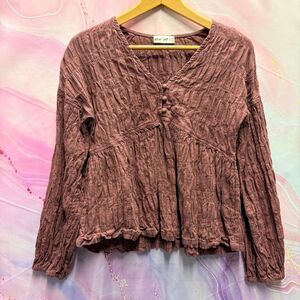 New In S Brown Long Sleeve Babydoll Boho Chic Blouse Retro Prairie Romantic